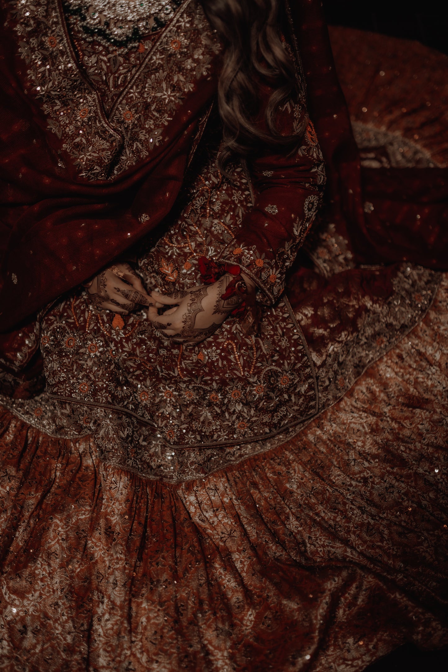 Burgundy bridal farsi lehenga with tail
