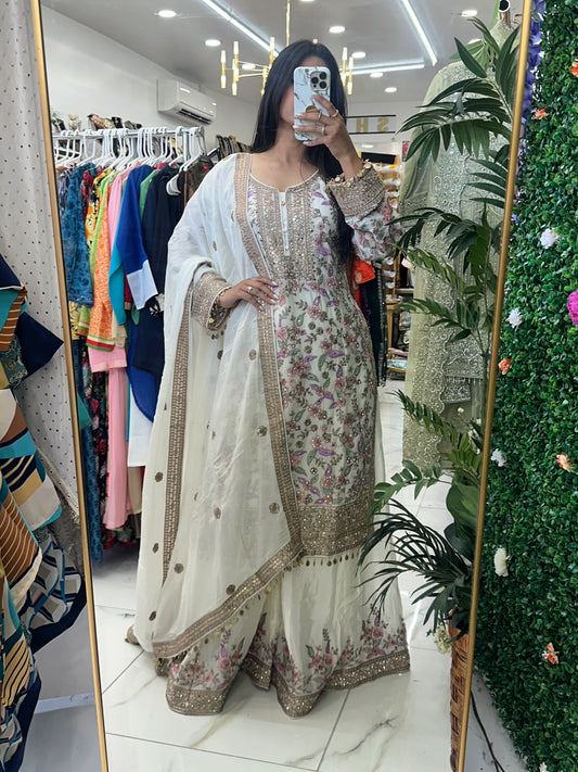 White heavy embroidered mirror suit