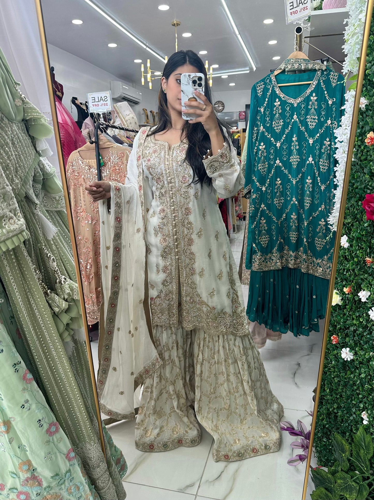 White banarasi party wear gharara suit