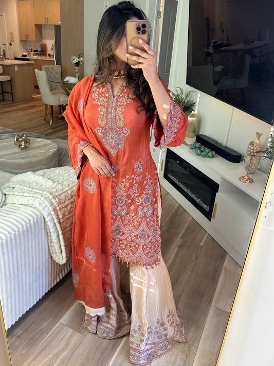 Rust orange premium gharara suit