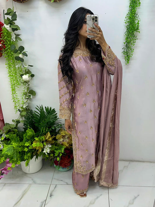 Exclusive lavender hand work silk suit
