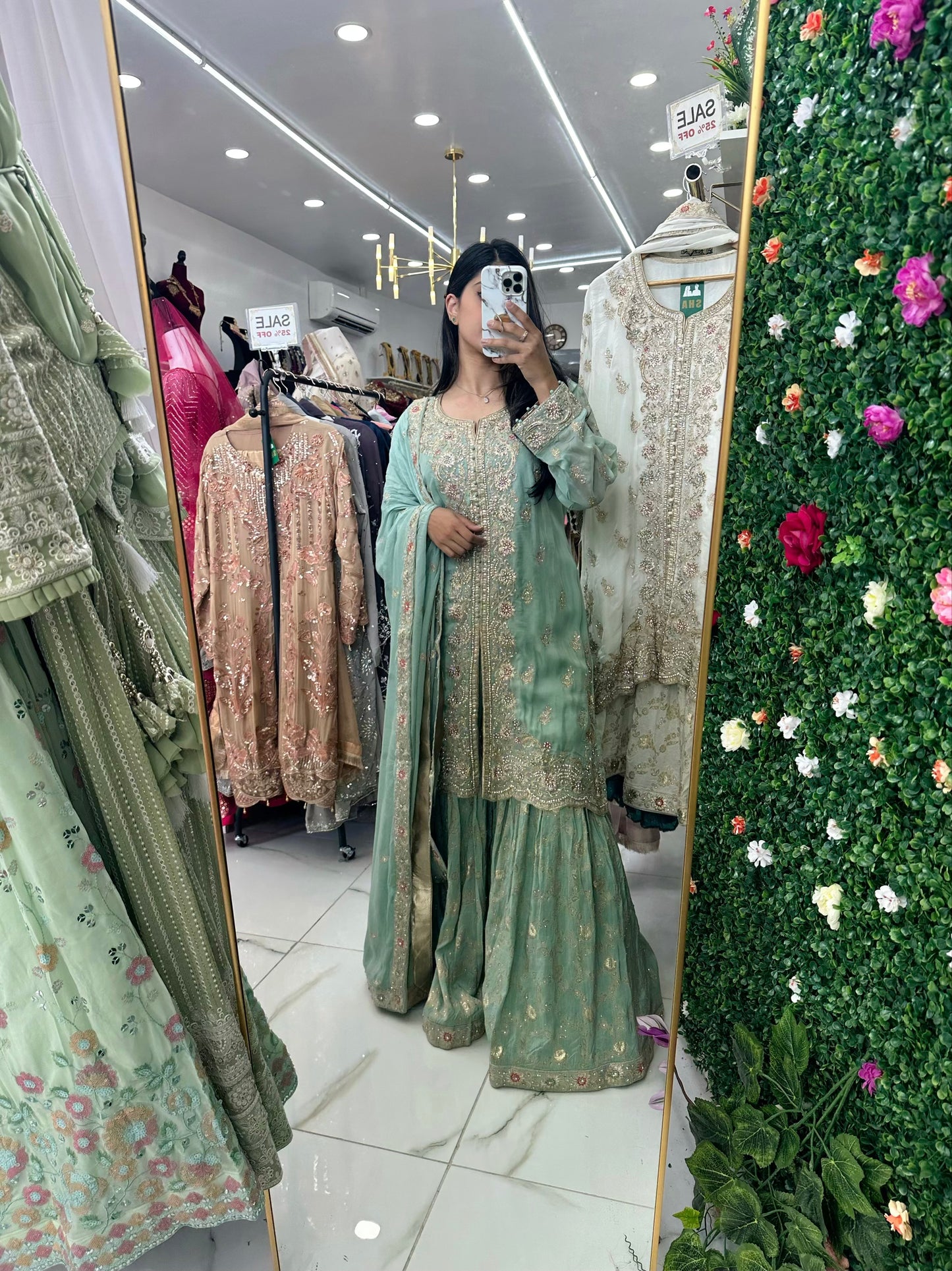 Mint blue banarasi party wear gharara suit