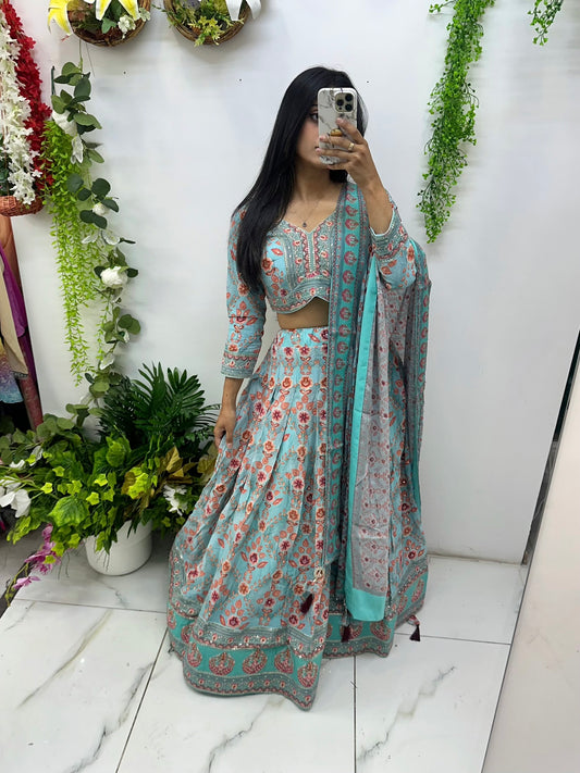 Blue floral crepe chiffon lehenga