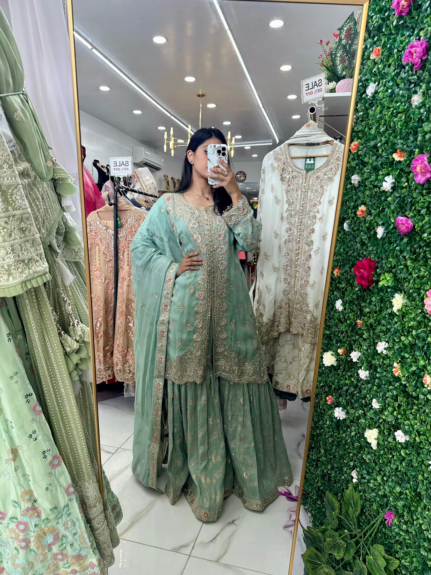 Mint blue banarasi party wear gharara suit