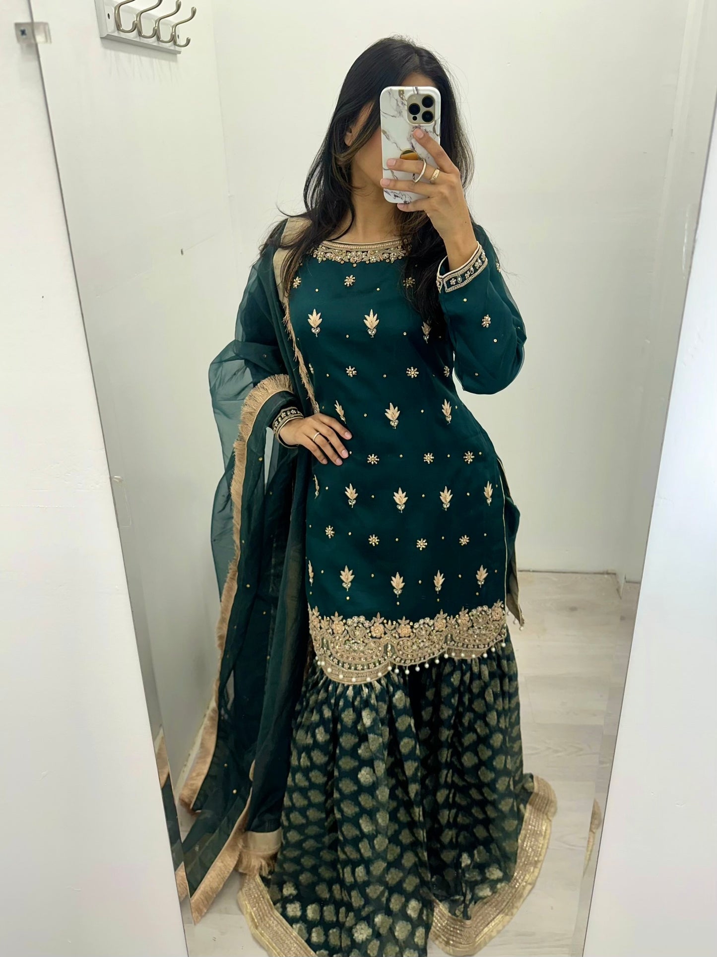 Green hand work gharara suit