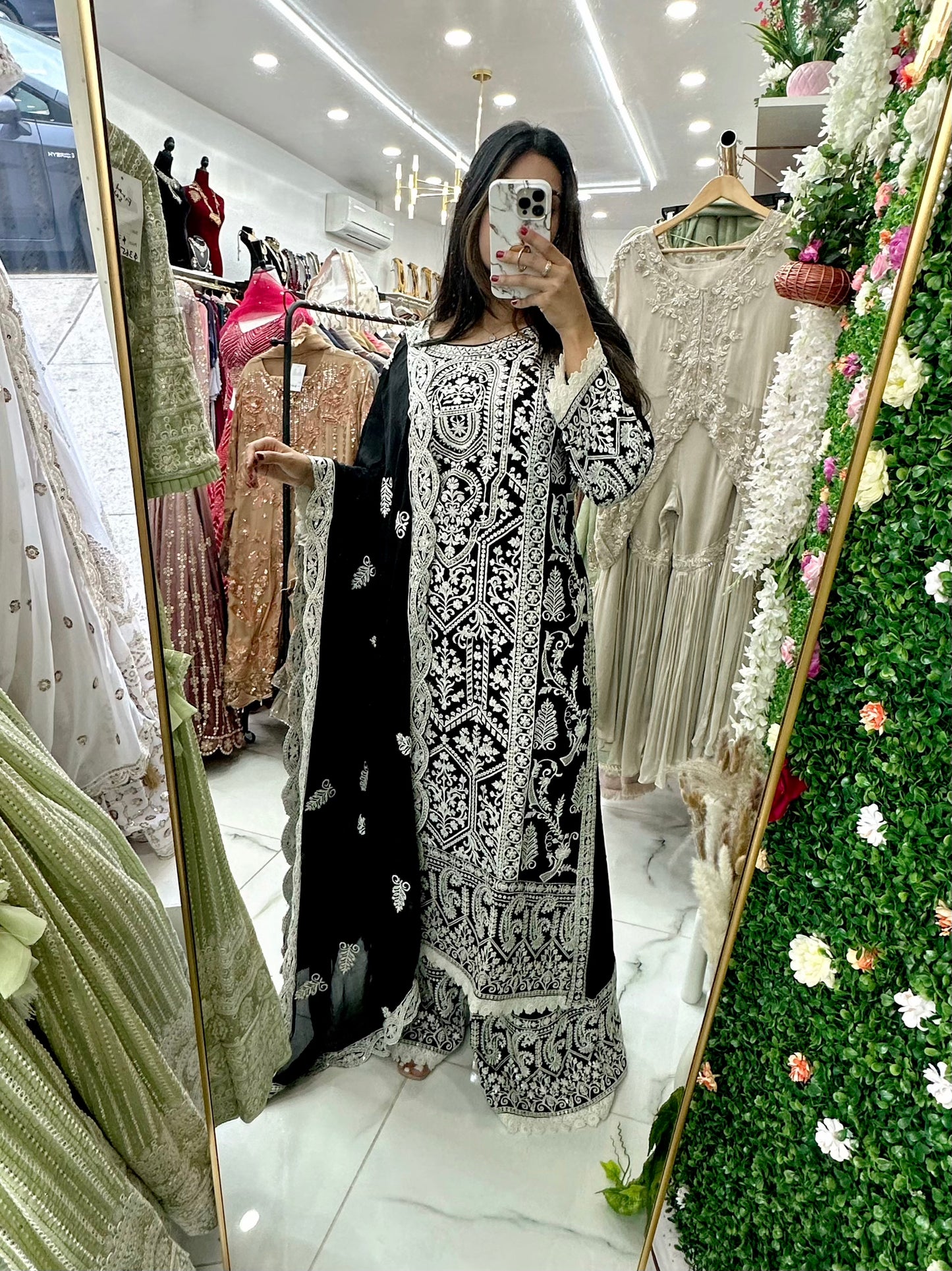 Black and white silk embroidered sequence suit