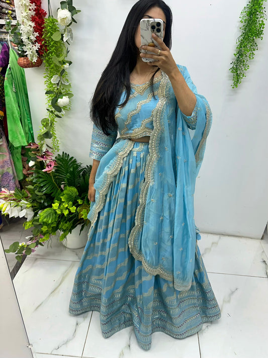 Sky blue Banarasi lehenga with hand work