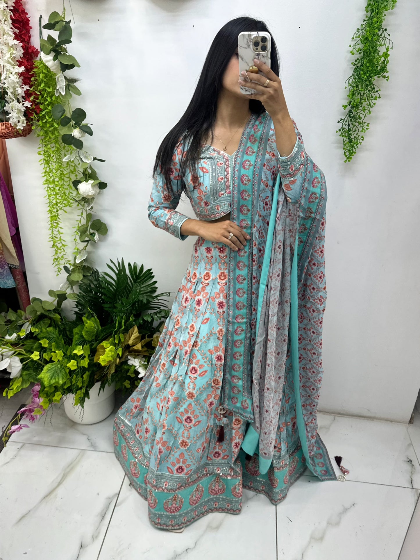 Blue floral crepe chiffon lehenga