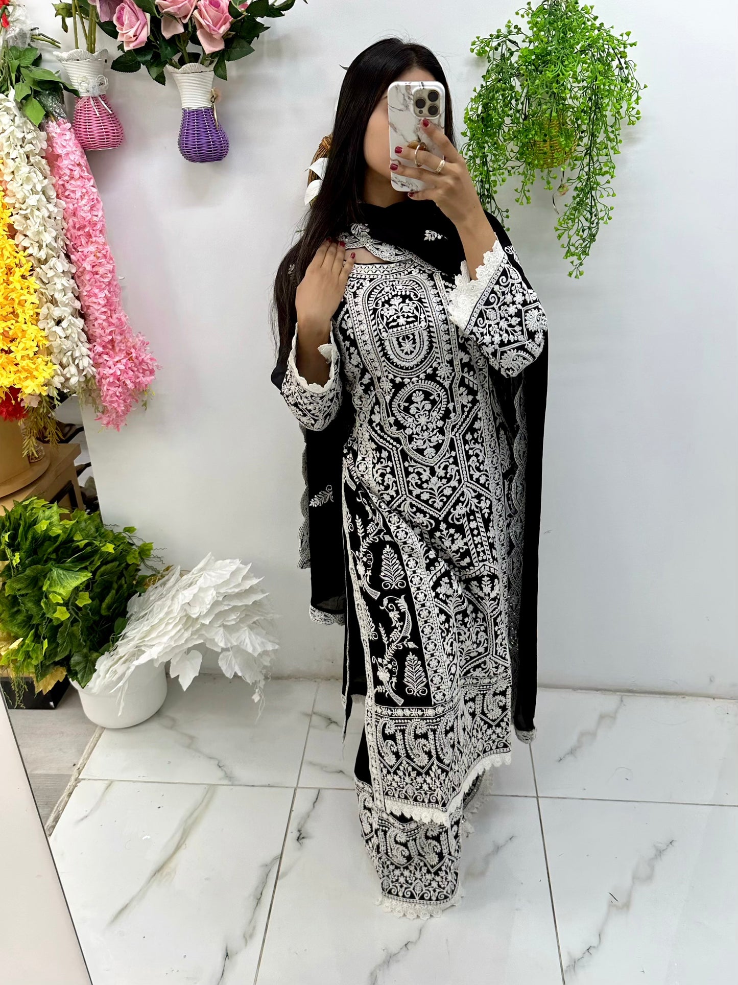 Black and white silk embroidered sequence suit