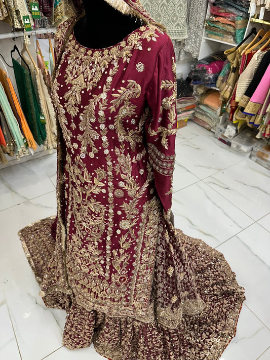 Burgundy bridal farsi lehenga with long kameez