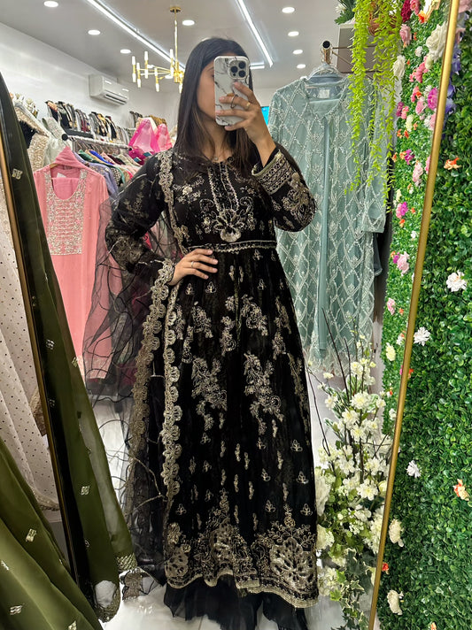 Black and gold maxi slit party wear suit
