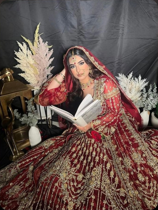 Dark red net stone work bridal maxi
