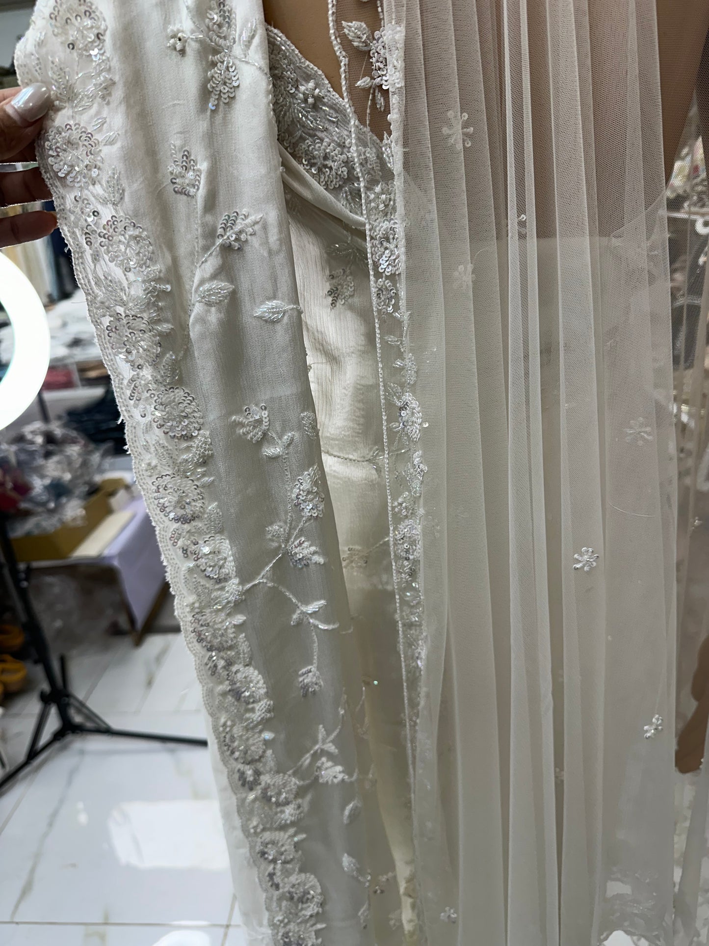 White satin silk hand work bridal saree with duppata