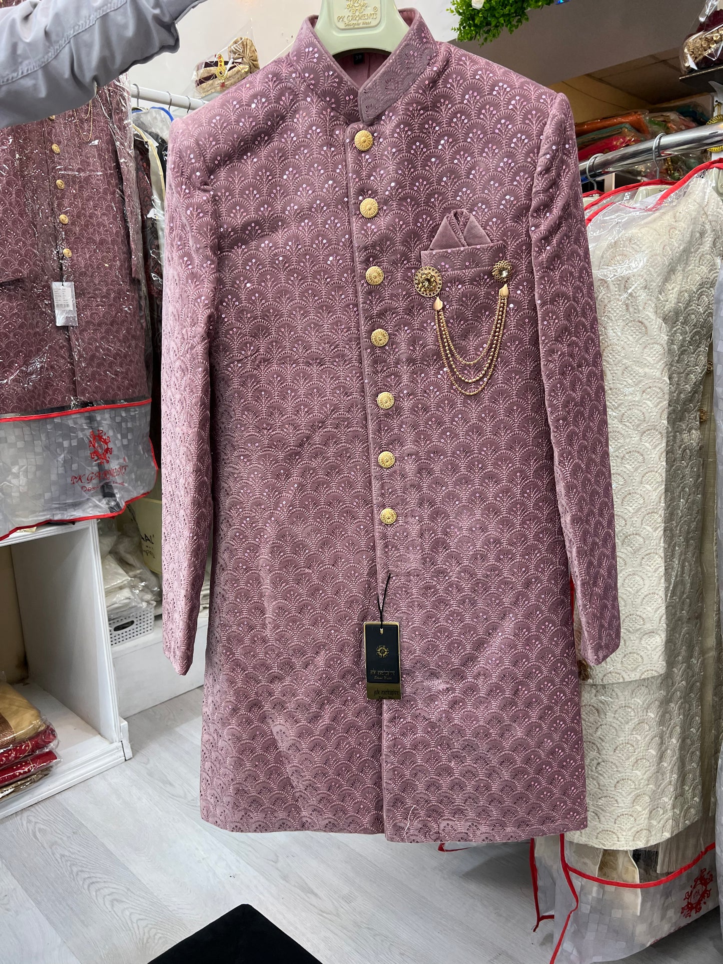 Light purple sequence thin velvet indo western sherwani