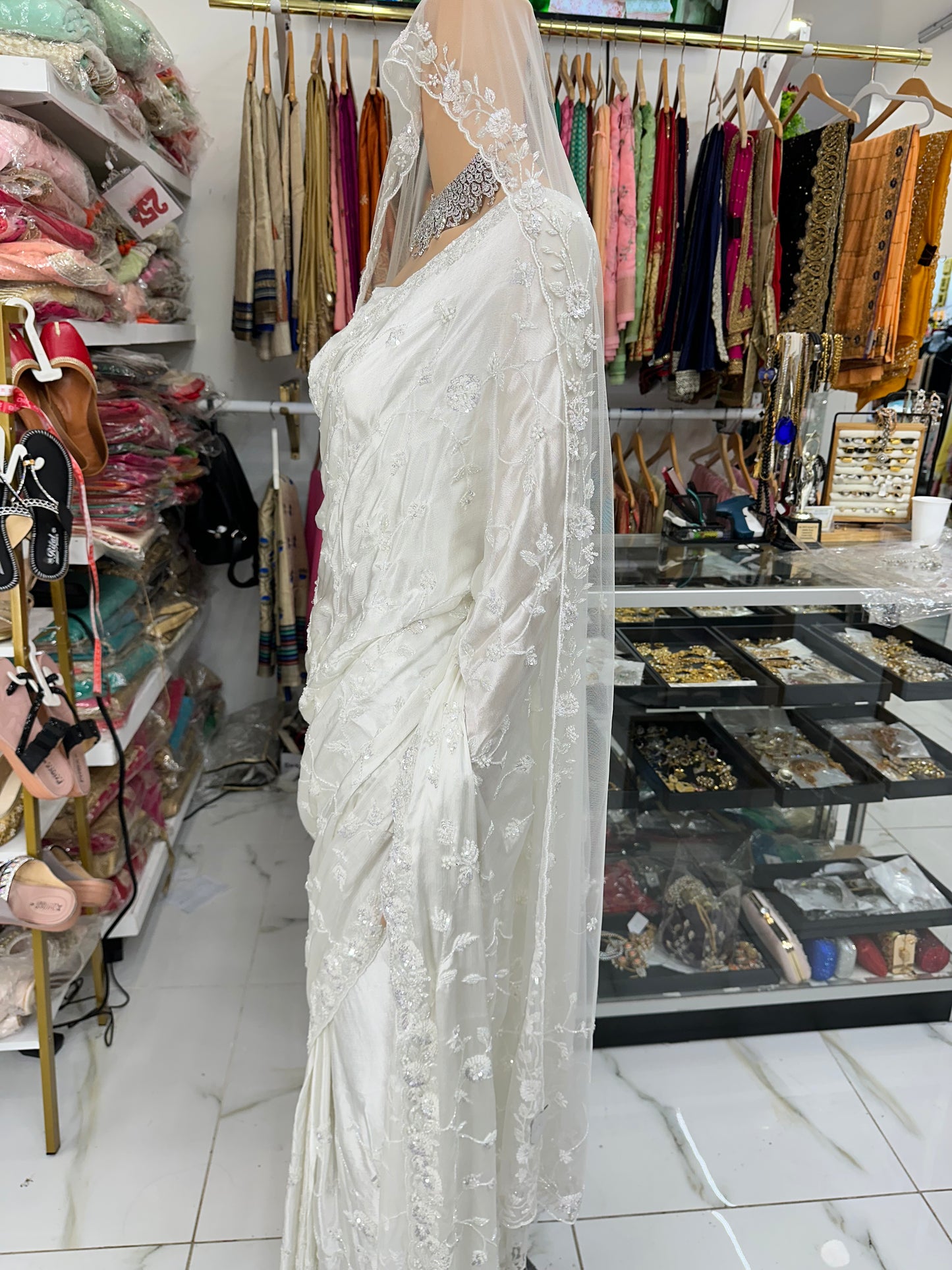 White satin silk hand work bridal saree with duppata