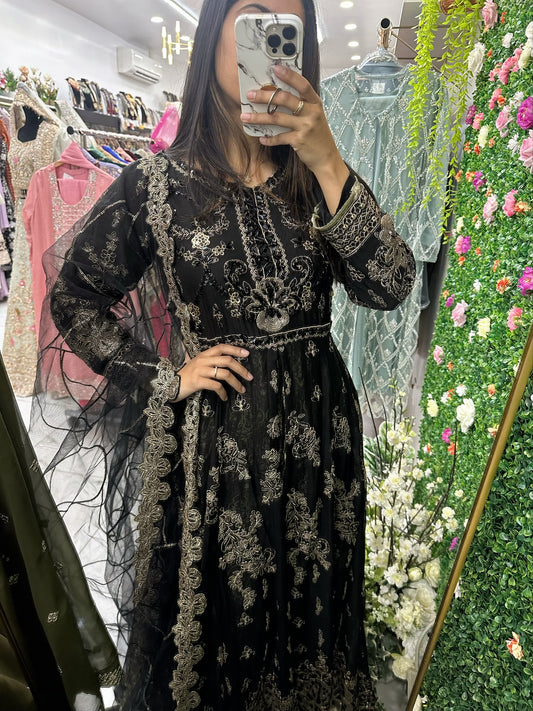 Black and gold maxi slit party wear suit