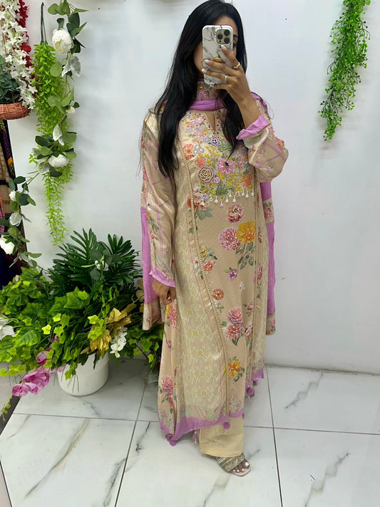 Peach satin silk three piece suit