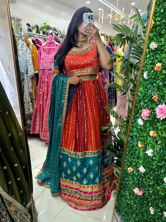 Green orange & red combo semi bridal lehenga