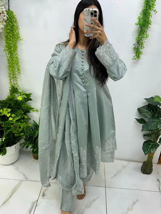 Grey chikankari khaddi suit