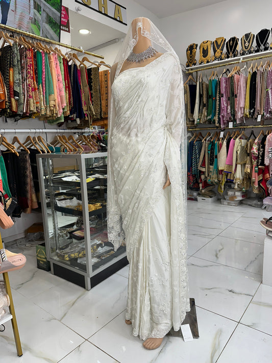 White satin silk hand work bridal saree with duppata