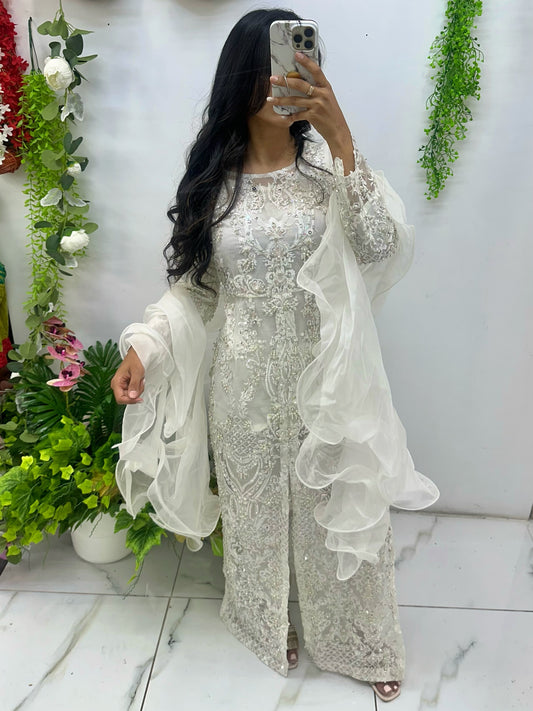 White embroidered & hand work long dress with slits