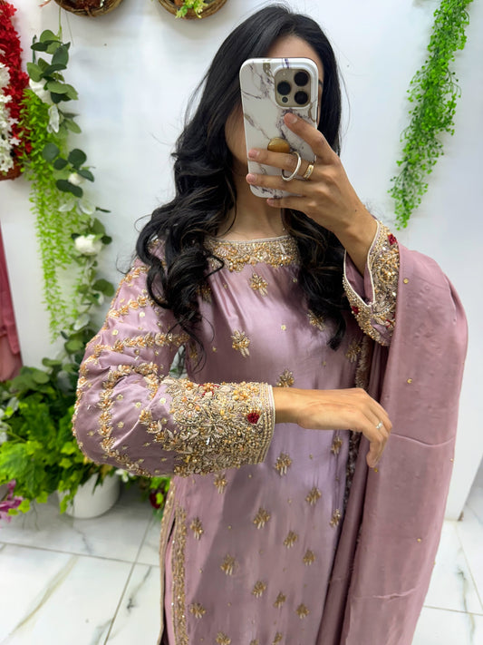 Exclusive lavender hand work silk suit