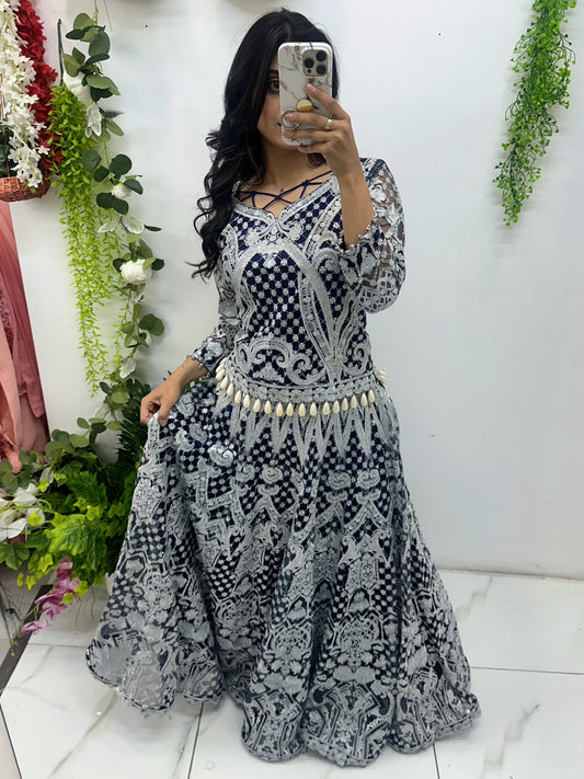Navy blue designer lehenga with potli