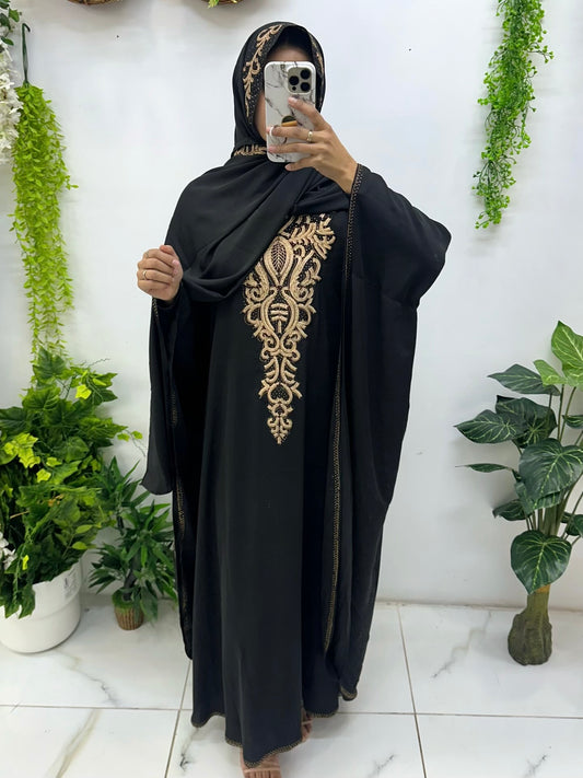 Black and beige work abaya set with hijab