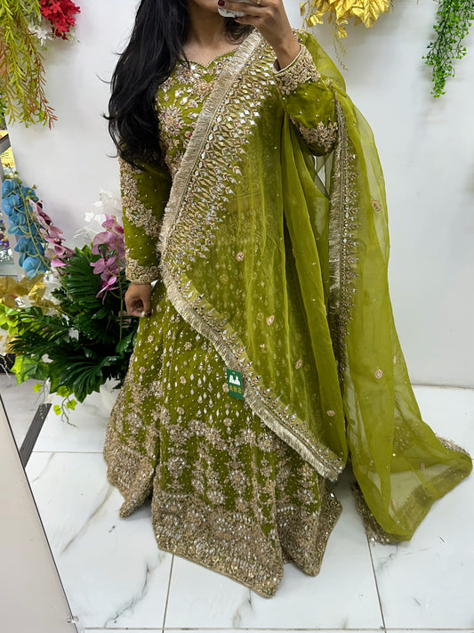 Olive green bridal hand work & mirror lehenga