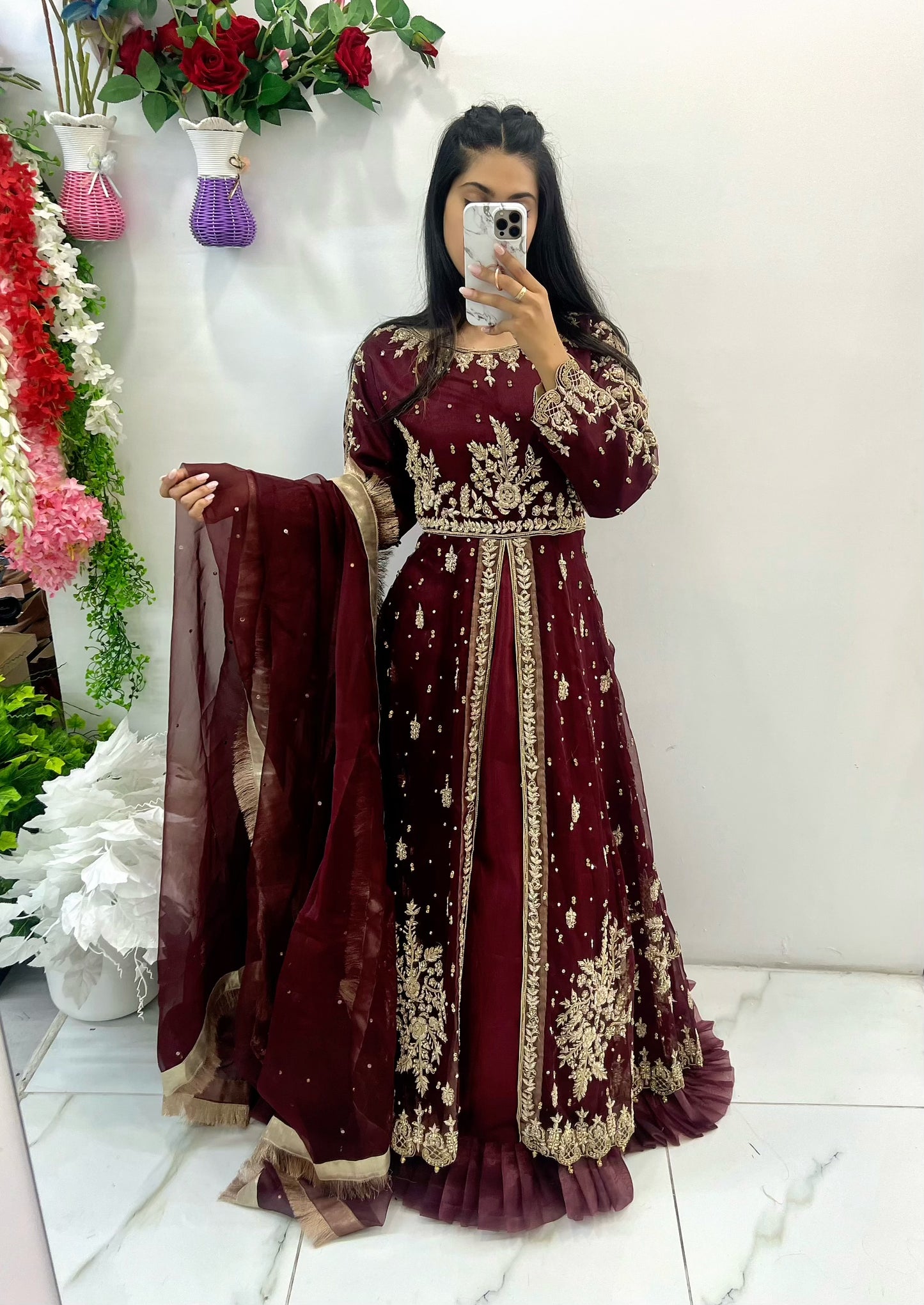 Maroon middle slit bridal gown