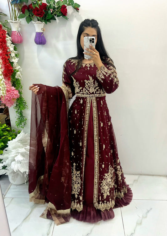 Maroon middle slit bridal gown