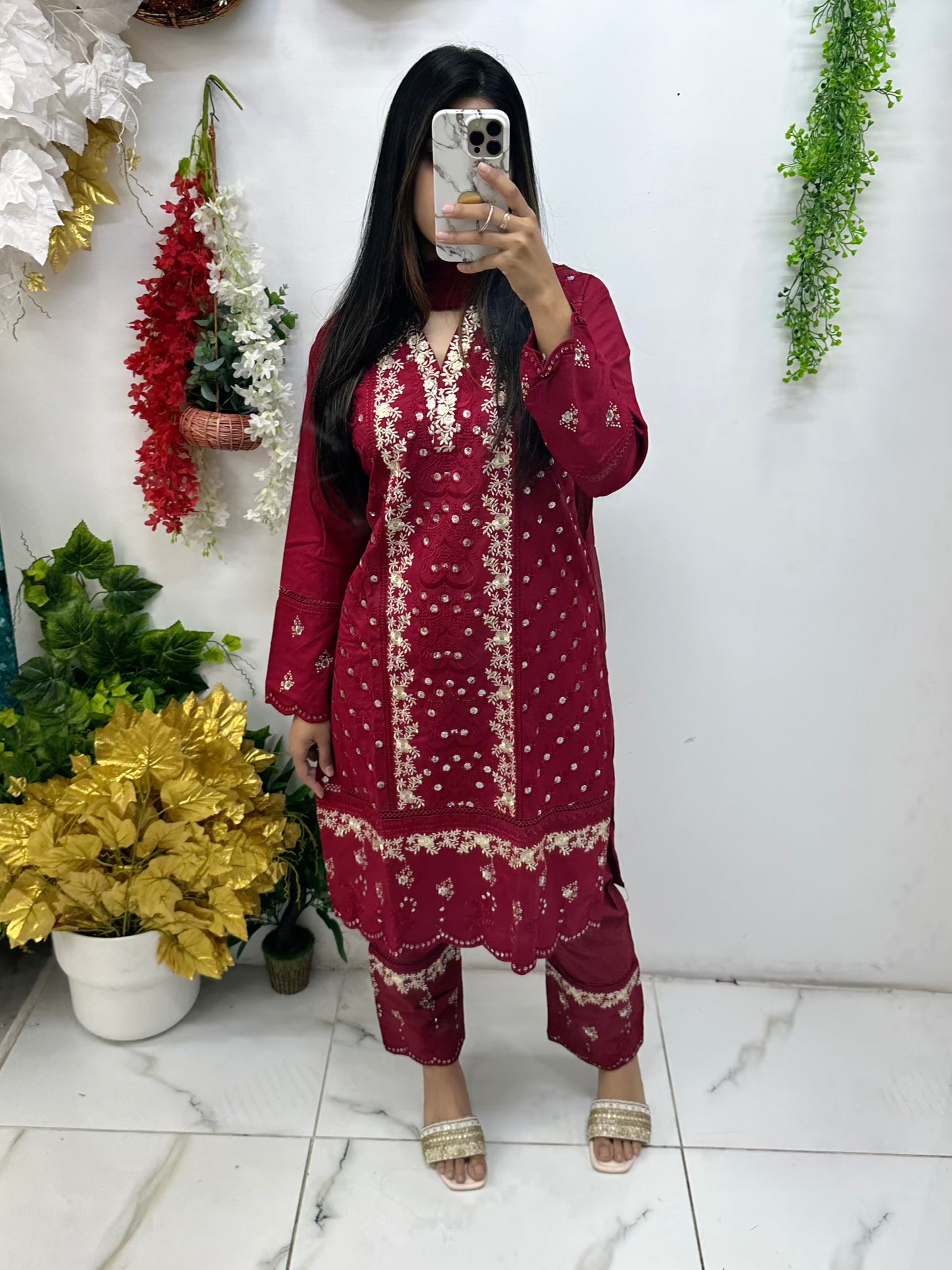 Maroon linen three piece
