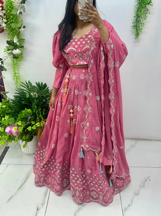 Pink ballon sleeve sequenced lehenga