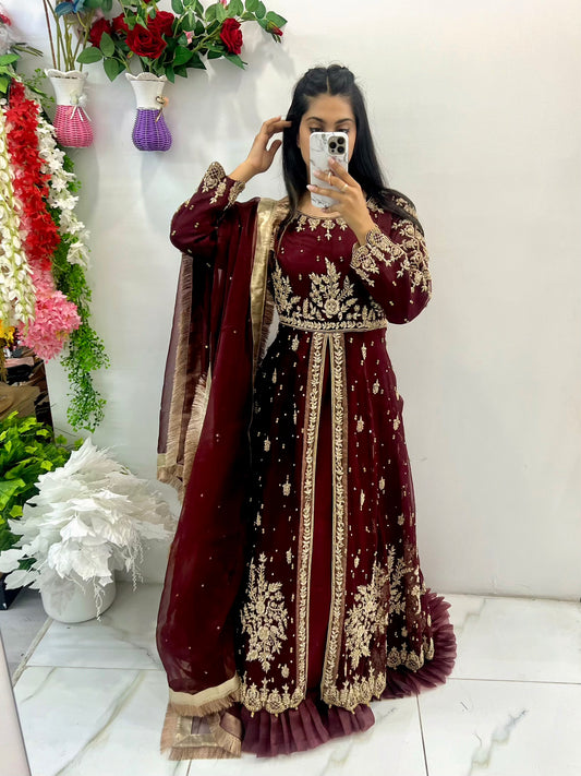Maroon middle slit bridal gown