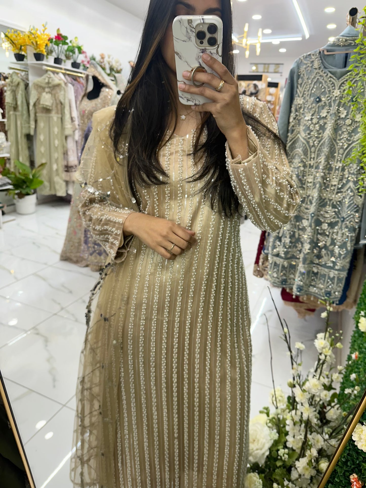 Light gold hand work pearl silk suit