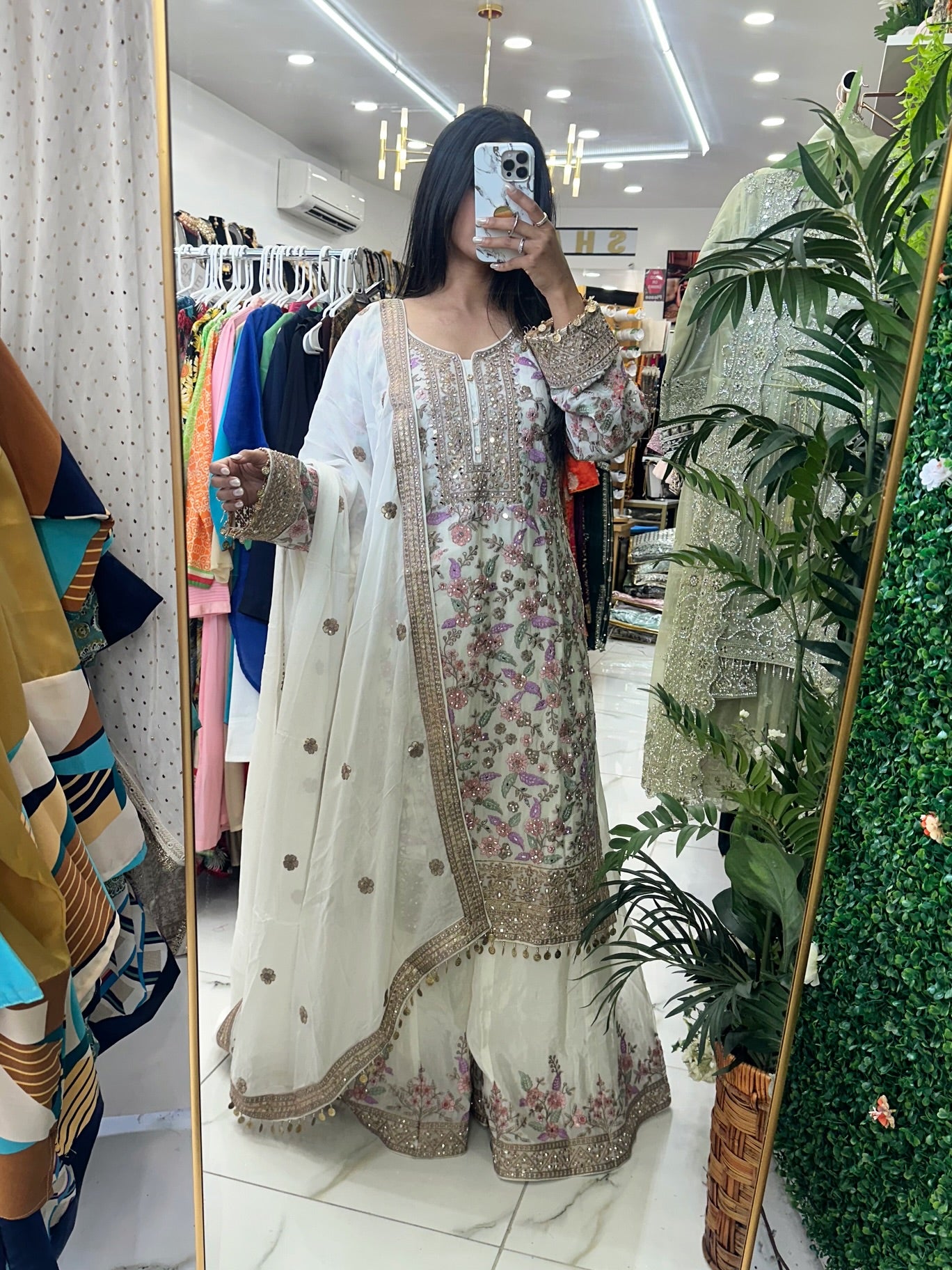 White heavy embroidered mirror suit