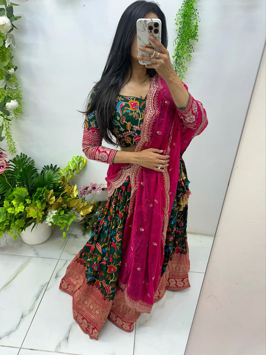 Banarasi silk green & pink lehenga choli