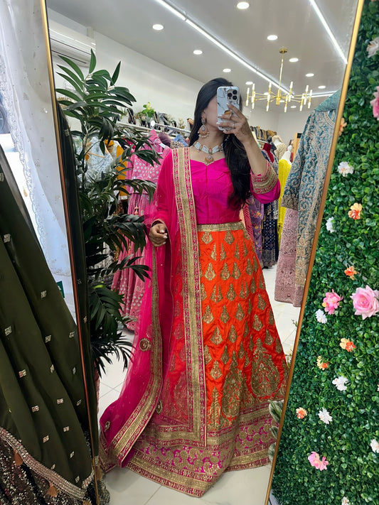 Hot pink & orange combo mehendi lehenga