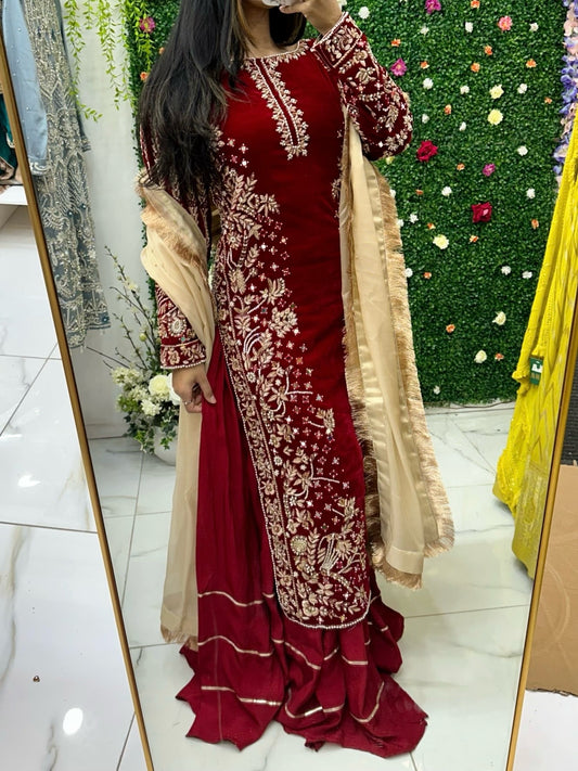 Maroon velvet heavy party wear suit