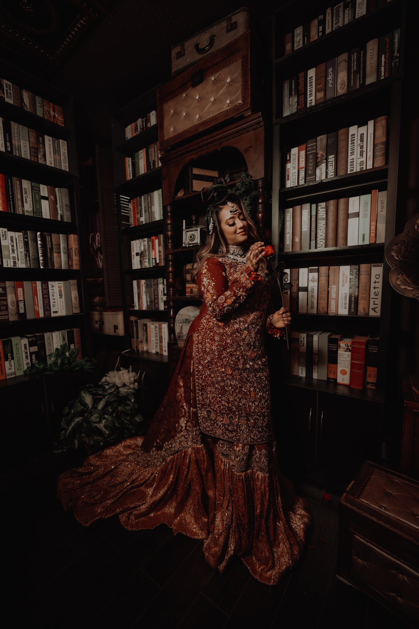 Burgundy bridal farsi lehenga with tail