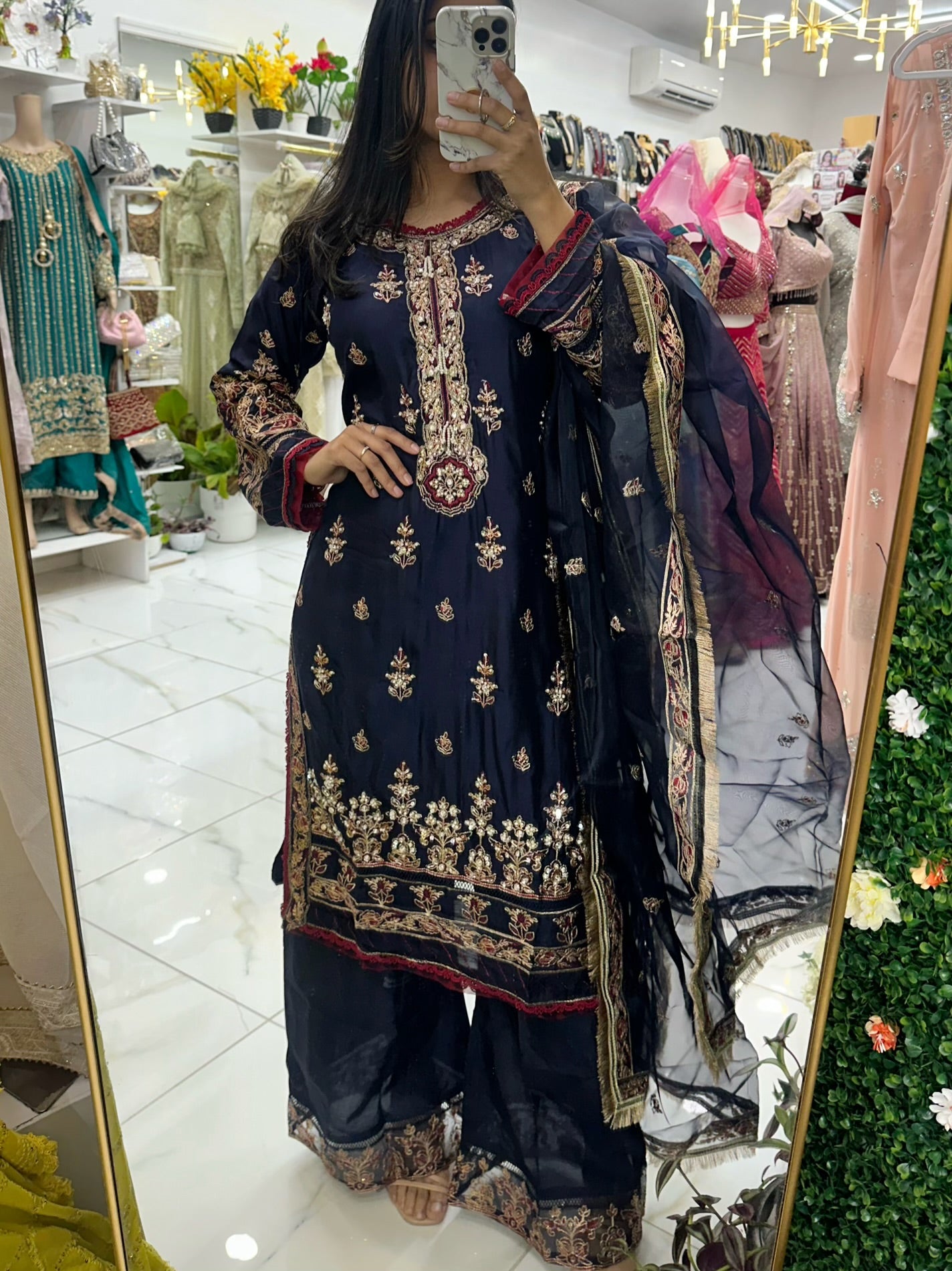 Navy blue silk suit with organza duppata