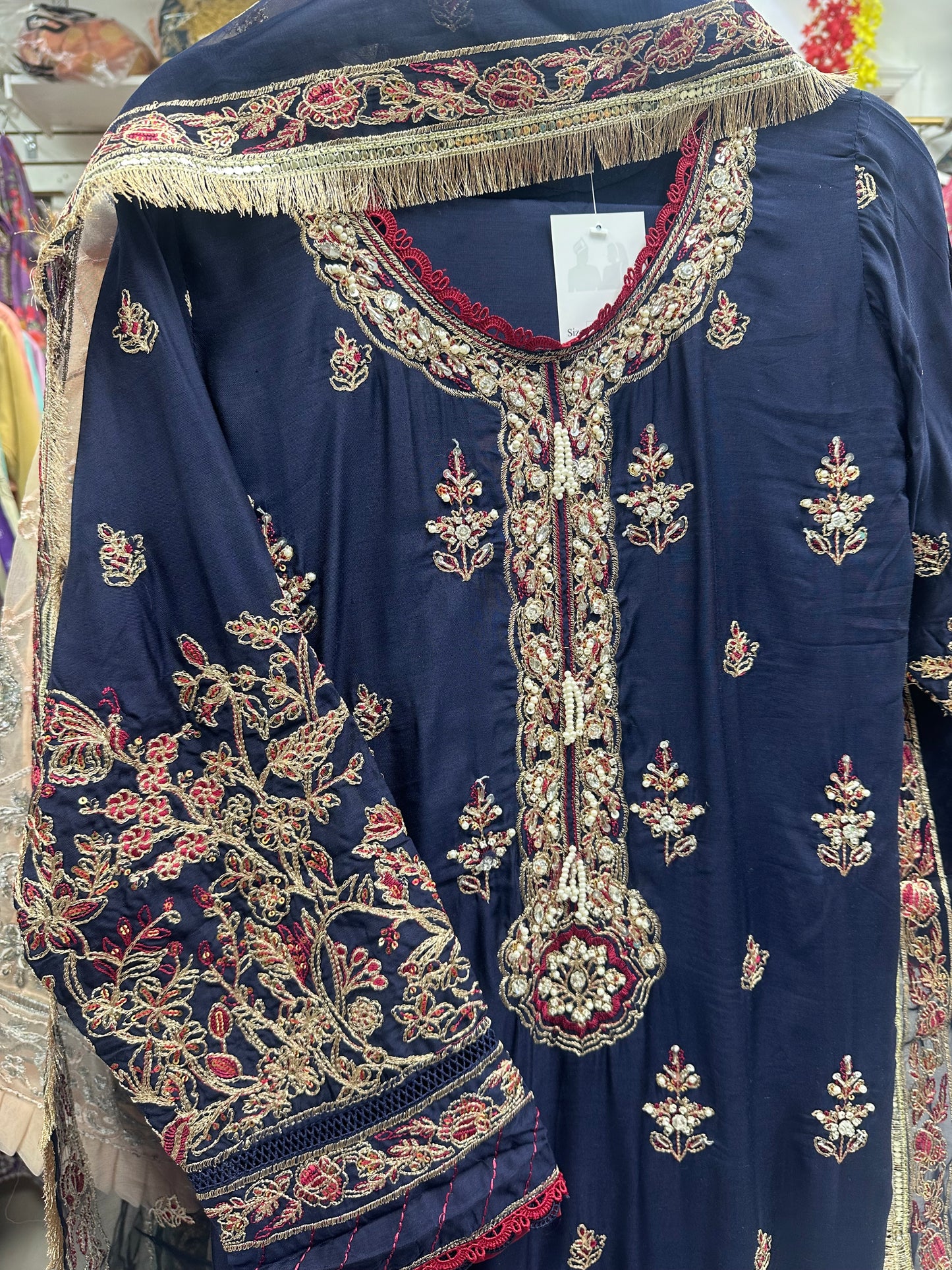 Navy blue silk suit with organza duppata