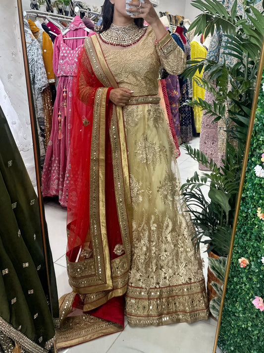 Gold and red lace net semi bridal lehenga