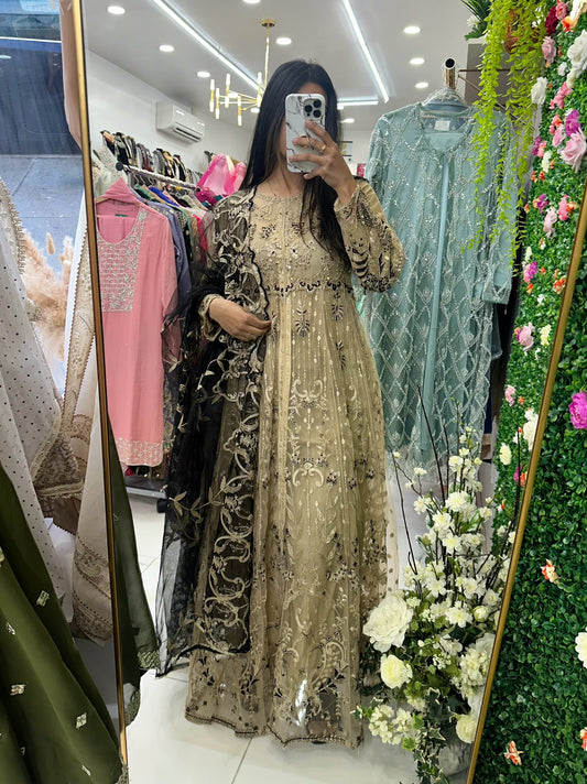 Beige and black embroidered slit maxi suit