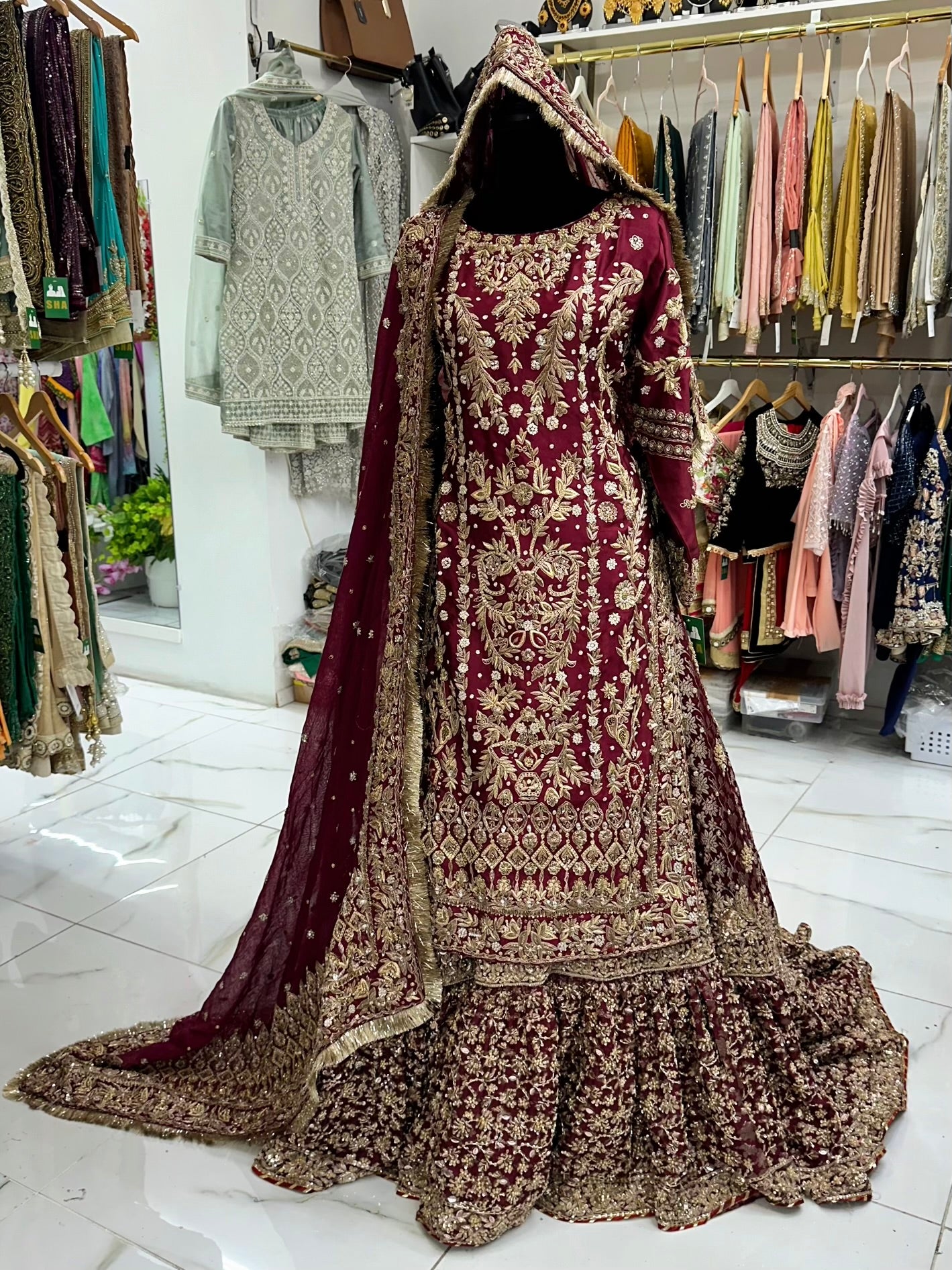 Burgundy bridal farsi lehenga with long kameez