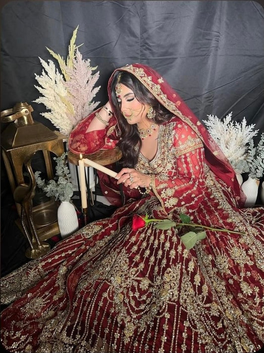Dark red net stone work bridal maxi