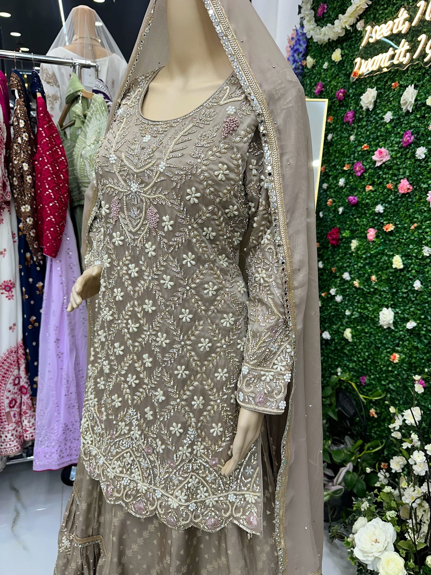 Beige semi bridal farsi lehenga suit
