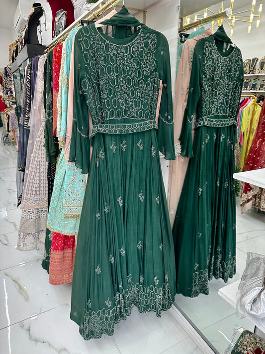 Green belted party wear gowm