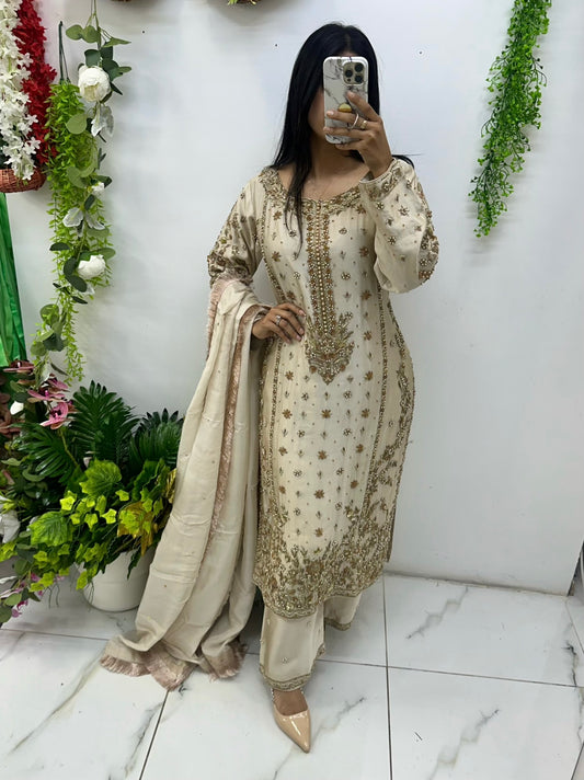 Ivory & gold premium hand work party wear suit