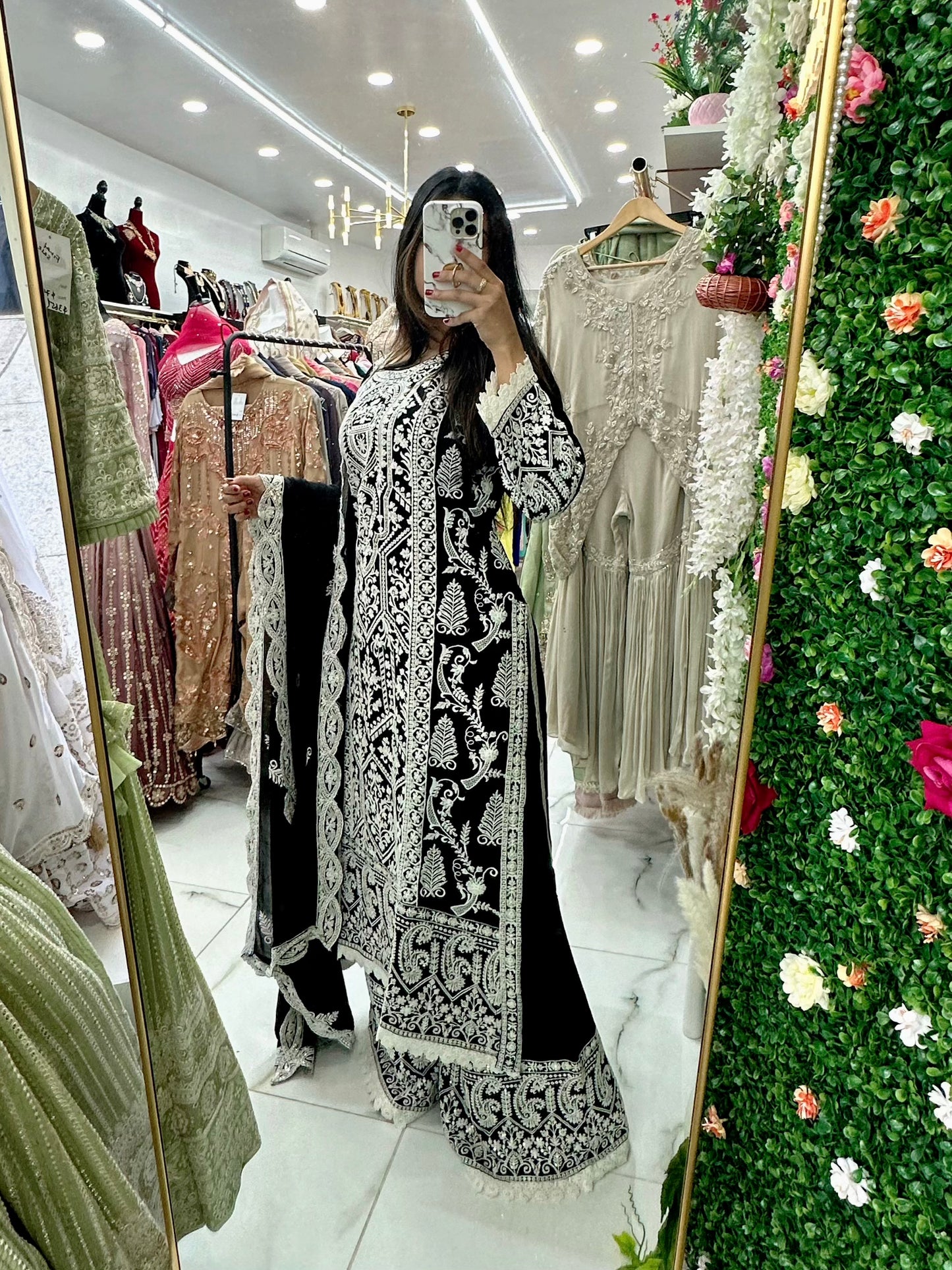 Black and white silk embroidered sequence suit